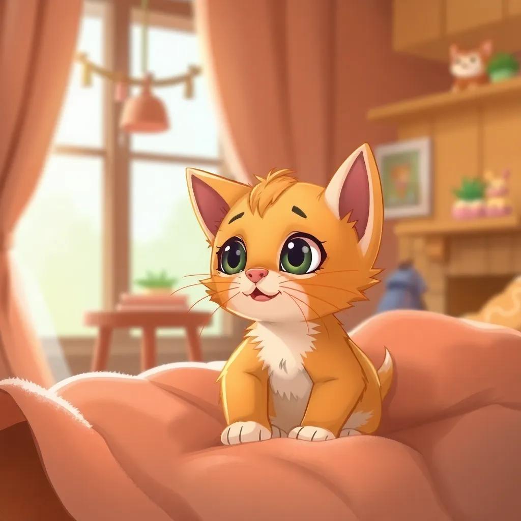 A small orange kitten, Leo, with big curious eyes, looking excited while sitting on a cozy blanket in a warm house, digital art, warm colors, inviting atmosphere, high quality