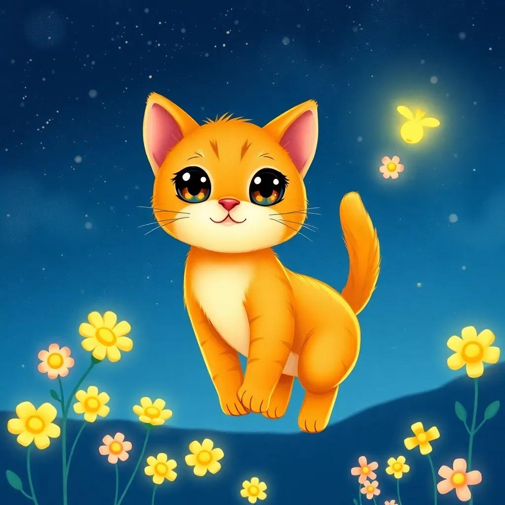 Leo, a small orange kitten with big curious eyes, floating in the night sky surrounded by glowing flowers and a bright firefly, magical scenery, whimsical, child-friendly, high quality