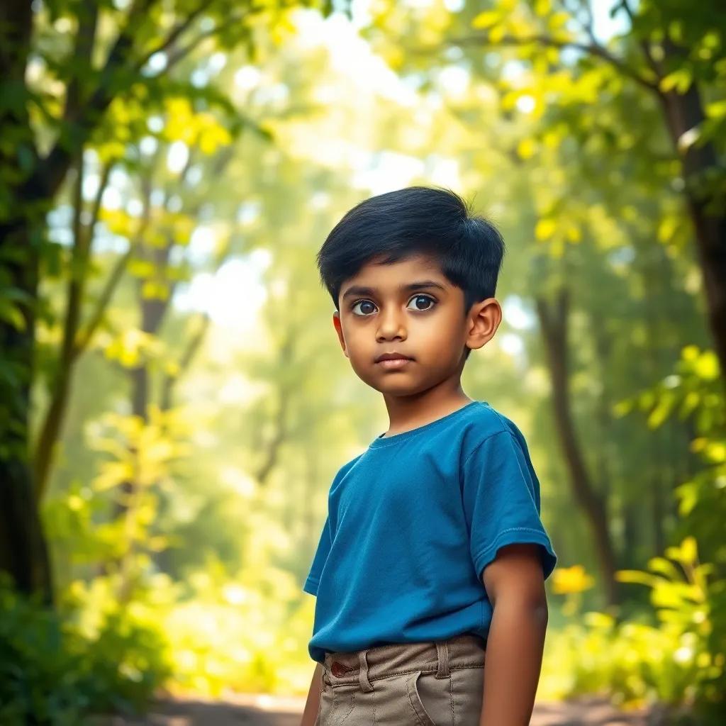 Imran, an eleven-year-old boy, with short black hair and bright eyes, wearing a blue T-shirt and cargo shorts, standing at the entrance of a lush, green forest, sunlight streaming through the leaves, vibrant colors, inviting atmosphere, high quality