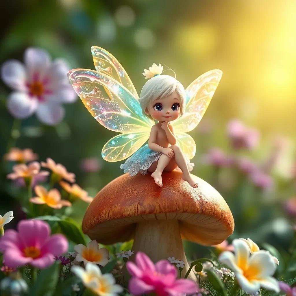 Lila, a tiny sparkling fairy with iridescent wings, sitting on a large mushroom, surrounded by bright flowers and greenery, cheerful expression, magical glow, enchanting scene, high quality