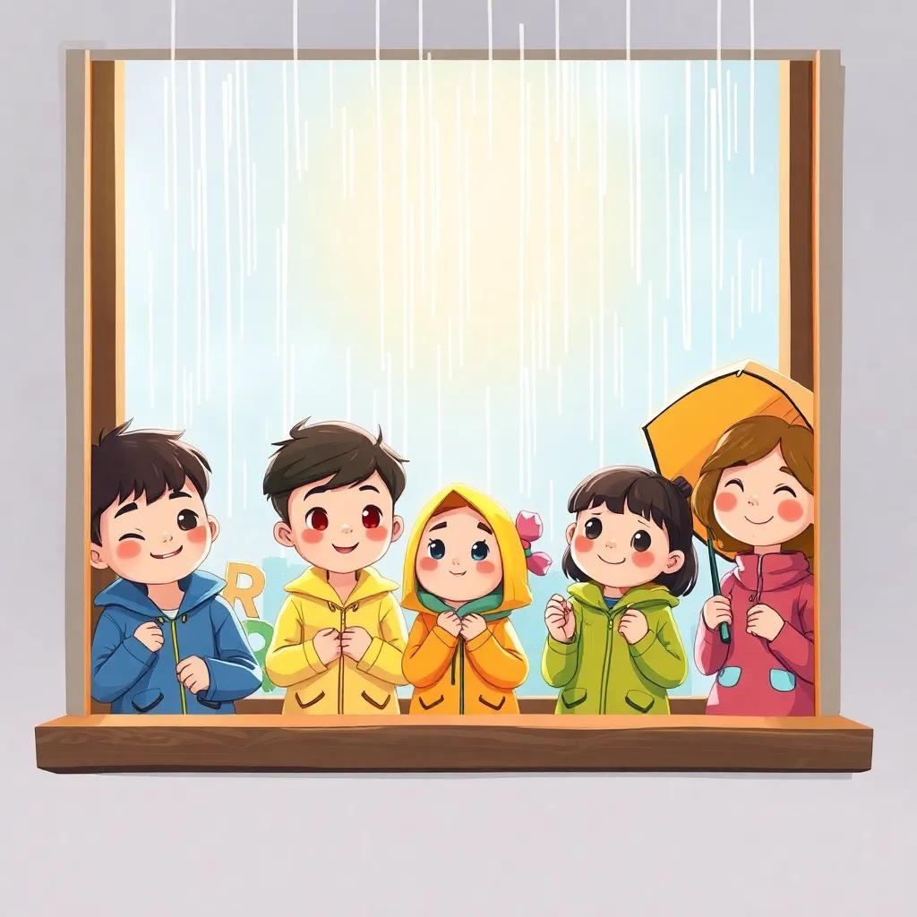 A group of five children, Evan, Zeki, Ella, Yico, and Barbara, looking out of a classroom window at heavy rain, with raincoat and umbrella, smiling but a little sad, digital art, colorful, playful atmosphere, cheerful mood, high quality