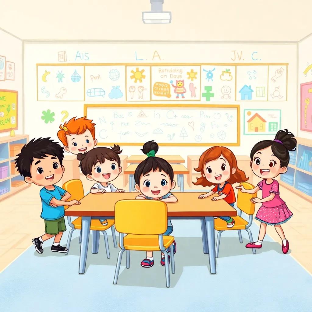 Five children, Evan, Zeki, Ella, Yico, and Barbara, in a classroom, moving tables and chairs to clear a play area, happy expressions, vibrant classroom filled with colorful drawings, digital illustration, lively, energetic setting, high resolution