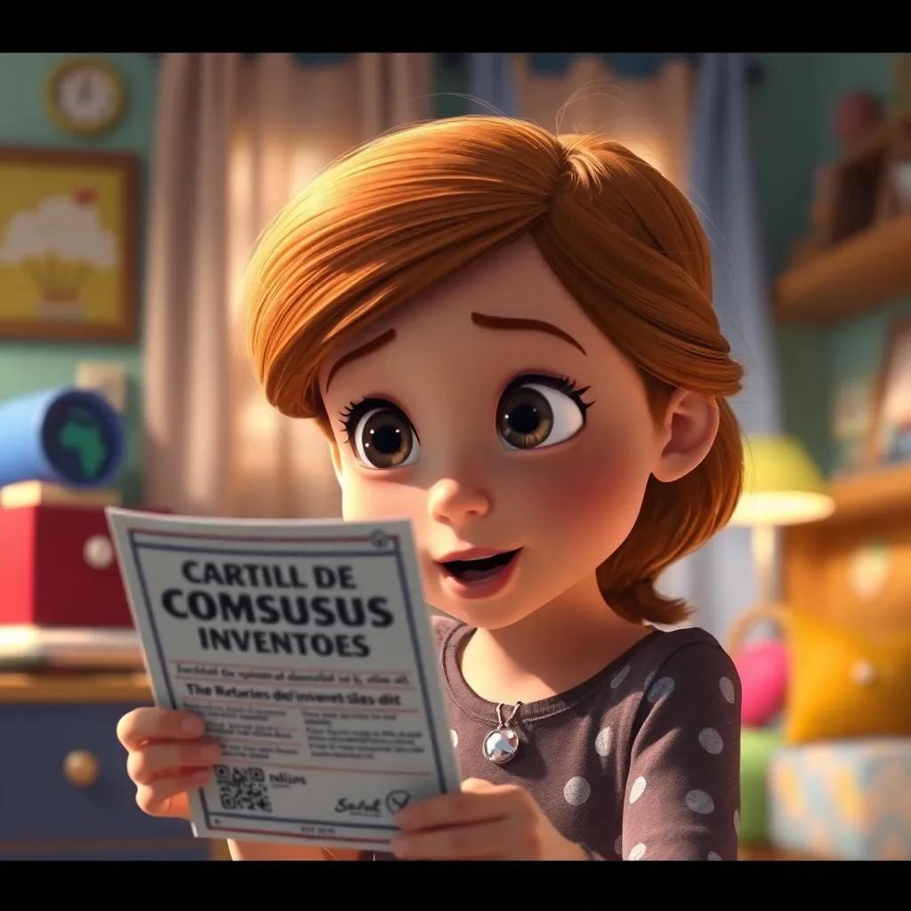 Una niña llamada Isabel, con cabello castaño y ojos brillantes, mirando emocionada un cartel del concurso de inventores, en una habitación colorida, digital art, vibrantes colores, ambiente alegre, alta calidad