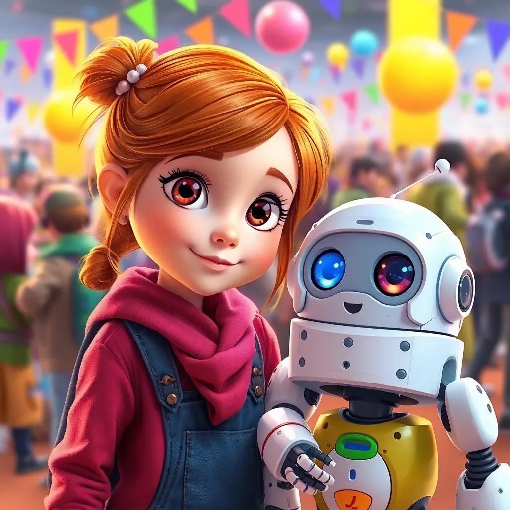Isabel, una niña con cabello castaño y ojos brillantes, junto a su robot Recy, un simpático robot de reciclaje con ojos grandes, en un entorno de concurso lleno de otros inventores, colorido, festivo, enfoque en Isabel y Recy, ilustración, cálida