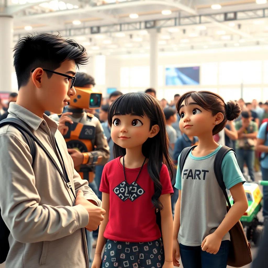 Los inventores presentando sus máquinas en el concurso, con diferentes robots y vehículos asombrosos, Isabel observando con admiración, en un espacio abierto lleno de gente, estilo vibrante, energía de competencia, alta calidad