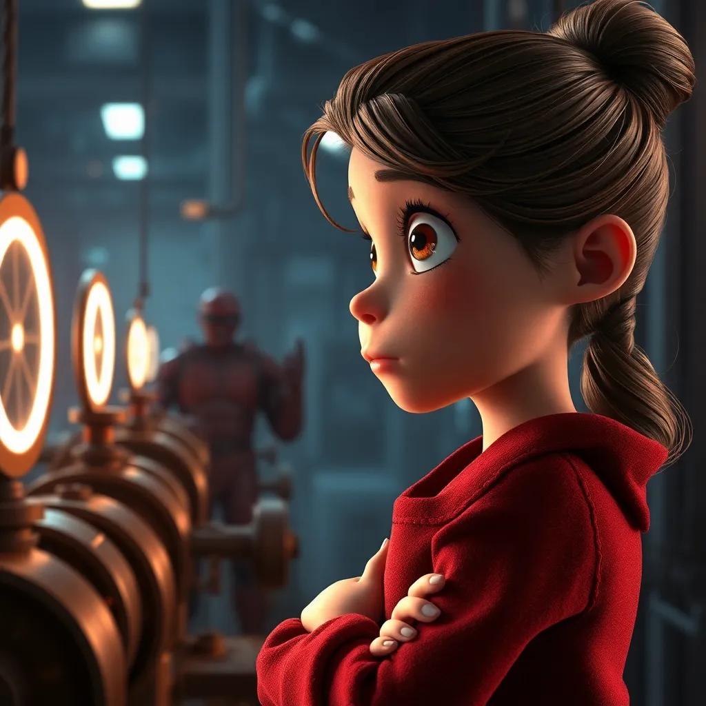 Isabel observando y pensando mientras las máquinas comienzan a moverse solas, la expresión de sorpresa en su rostro, un ambiente caótico pero emocionante, estilo digital, enfoque en la acción