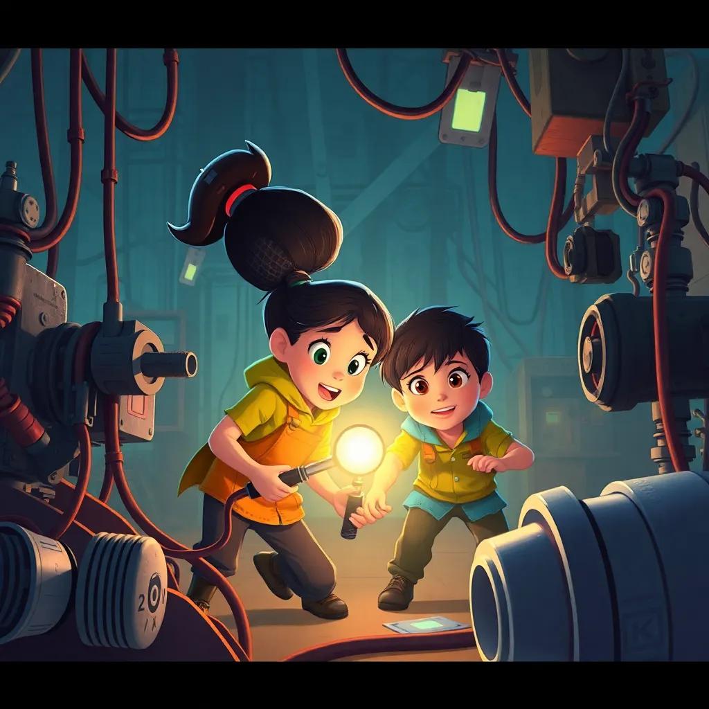Isabel y Recy investigando las máquinas descontroladas, buscando pistas entre cables y herramientas, mucha tensión y emoción, escenas coloridas con detalles técnicos, ilustración, enfocándose en su determinación