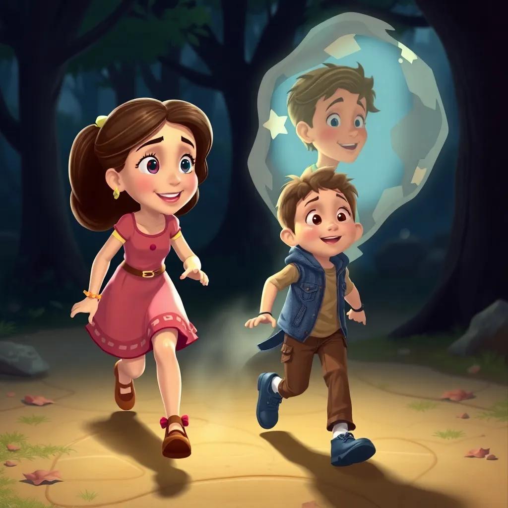 Isabel persiguiendo al niño sospechoso, mostrando interés y valentía, un entorno activo del concurso, enfoque en la acción y colores vibrantes, ilustración, emocionante