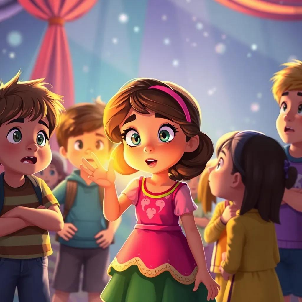 Isabel alertando a los jueces, con los otros niños a su alrededor, todos sorprendidos por lo que descubrieron, en el ambiente del concurso, escenario vibrante, ilustración, enfoque grupal