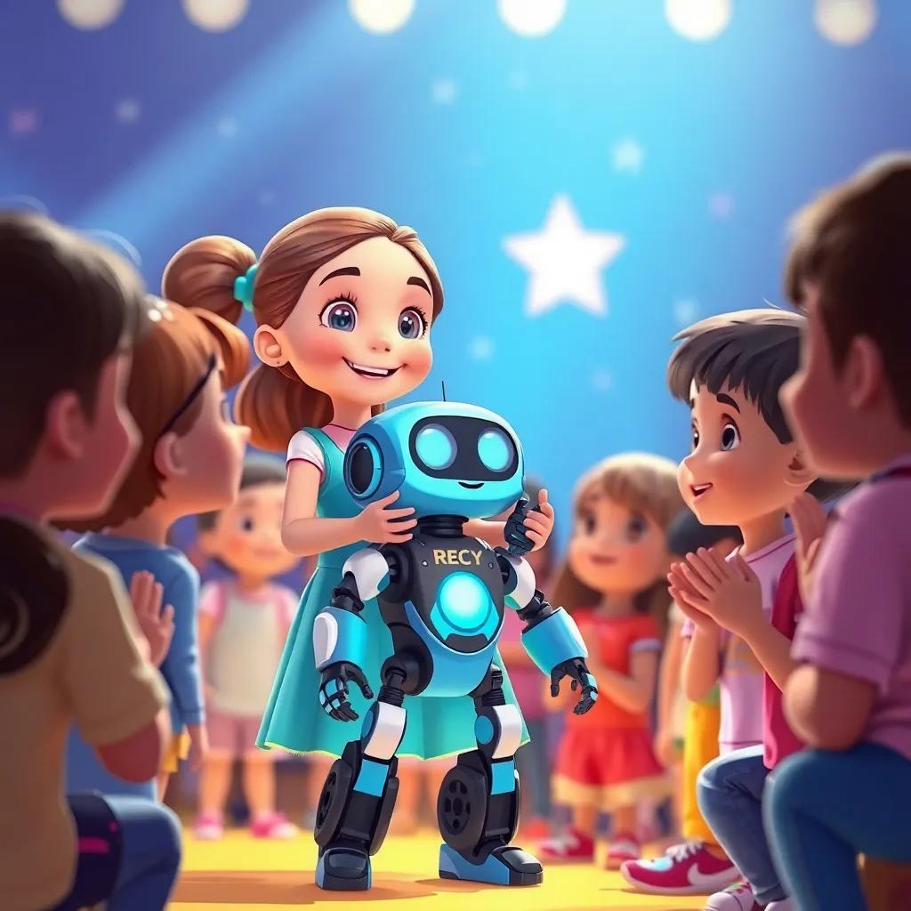 Isabel presentando su robot Recy con orgullo, rodeada de otros niños aplaudiendo, en un escenario de concurso brillante, ambiente de celebración, colorido, cálido, ilustración, dinámica