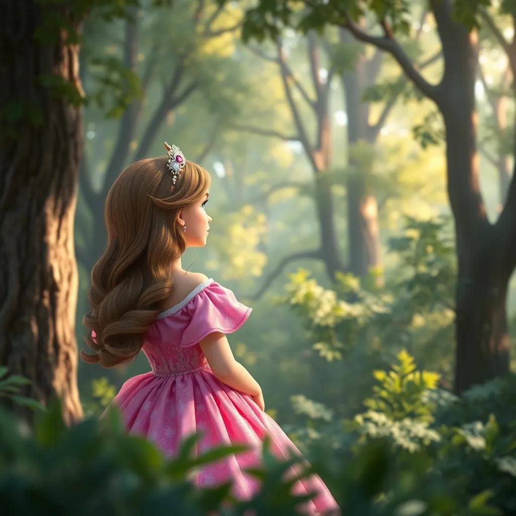 Una joven princesa, Isabel, con cabello largo y castaño, vestida con un hermoso vestido rosa y corona, mirando al bosque asombrada, digital art, brillante y colorido, cálido y acogedor, perspectiva en ángulo bajo, alta calidad