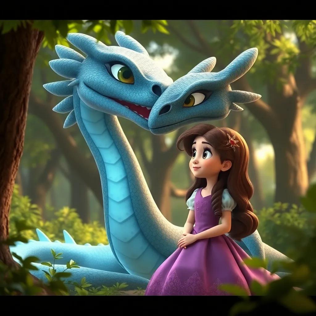Isabel, la joven princesa con cabello largo y castaño, conversando con un dragón grande y amable, Lumo, en el bosque, rodeados de árboles verdes, digital art, amigable y lleno de vida, luz suave, alta calidad