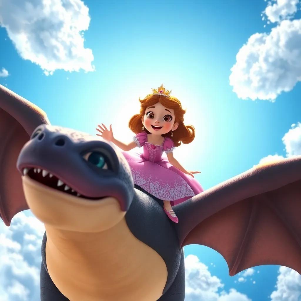 Isabel, la joven princesa, volando sobre Lumo, el dragón, risas y alegría en su cara, con un cielo azul brillante y nubes esponjosas, digital art, alegre y emocionante, perspectiva desde arriba, alta calidad