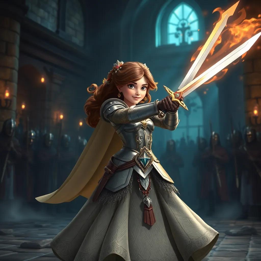 Isabel con armadura brillante y espada en mano, preparándose para luchar contra un hechicero malvado, en el castillo, lleno de soldados, digital art, emocionante y épico, luz dramática, alta calidad