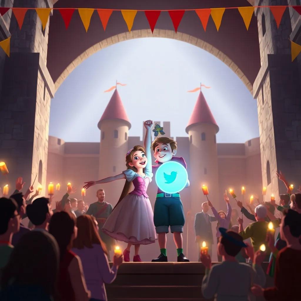 Isabel y Lumo celebrando su victoria en el castillo, rodeados de amigos y pueblo agradecido, con banderas ondeando, digital art, festivo y cálido, colores vibrantes, perspectiva en ángulo bajo, alta calidad