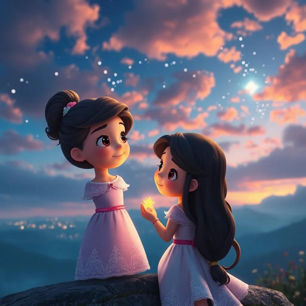 Isabel y Lumo felices, mirando el hermoso reino desde lo alto, con un cielo lleno de colores de atardecer, digital art, inspirador y hermoso, luz dorada, alta calidad