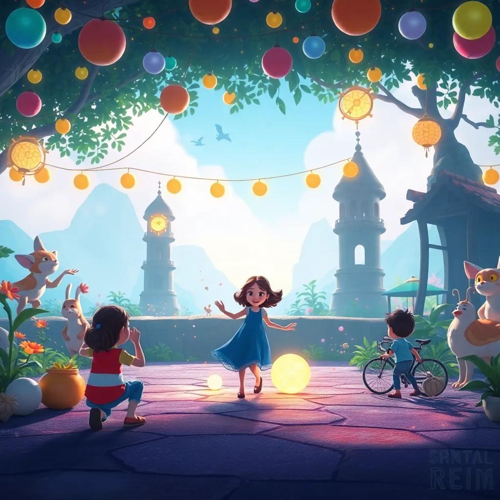 Una escena del reino lleno de vida, donde los habitantes juegan y ríen, con Isabel y Lumo en el centro, digital art, alegre y animado, colores brillantes, alta calidad