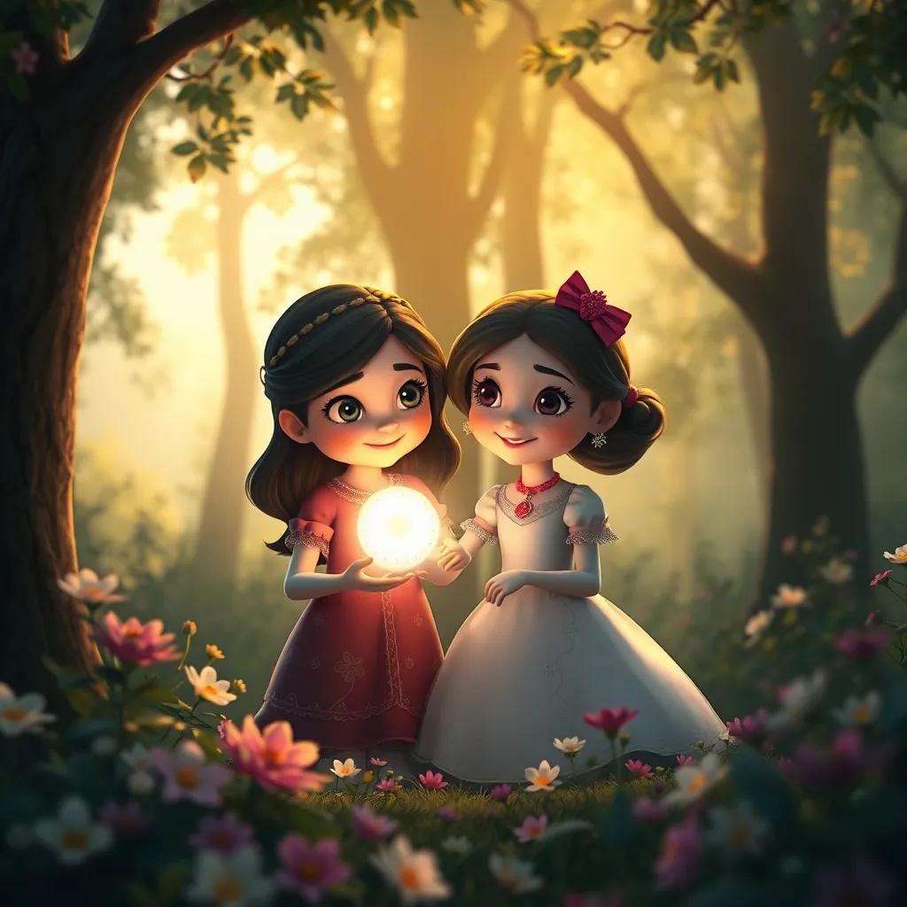 Isabel y Lumo, juntos en el bosque, rodeados de flores y árboles, con una luz suave y mágica, digital art, armonioso y encantador, alta calidad
