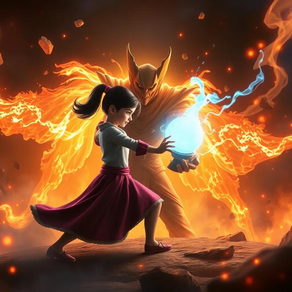 Isabel y Lumo enfrentándose al villano en una lucha épica, mientras destellos de magia y fuego los rodean, digital art, emocionante y dinámico, luz intensa, alta calidad