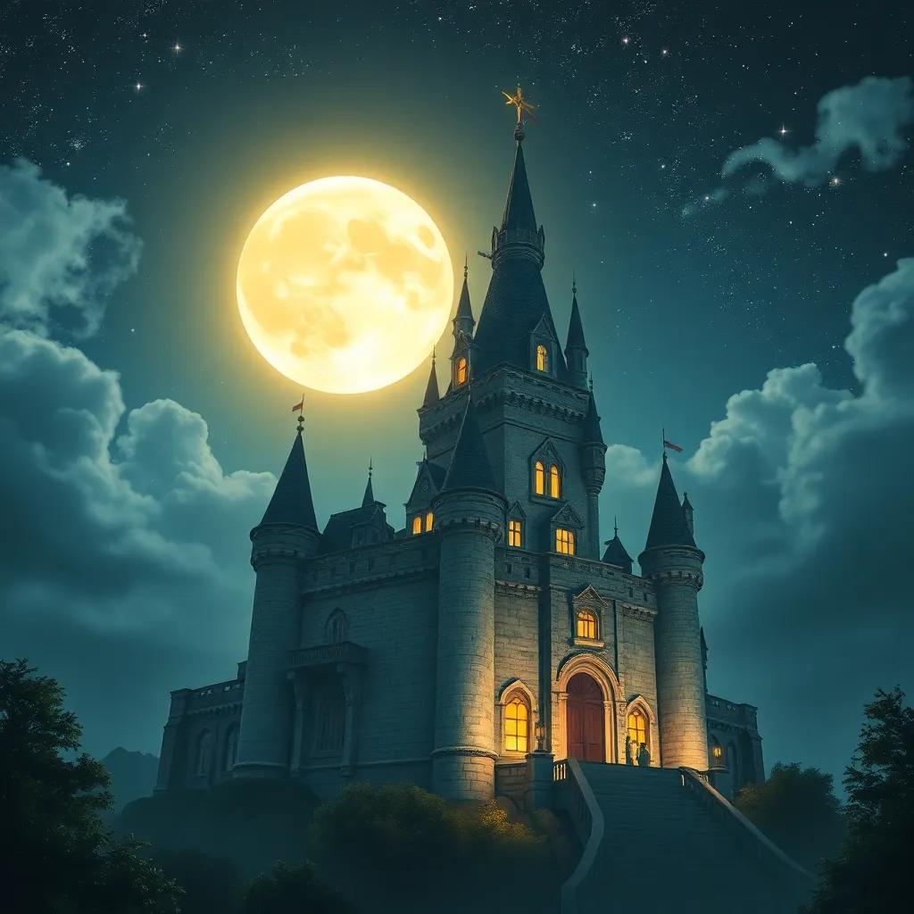 El castillo de Isabel y Lumo, brillando bajo la luz de la luna llena, con estrellas centelleantes en el cielo, digital art, mágico y sereno, alta calidad