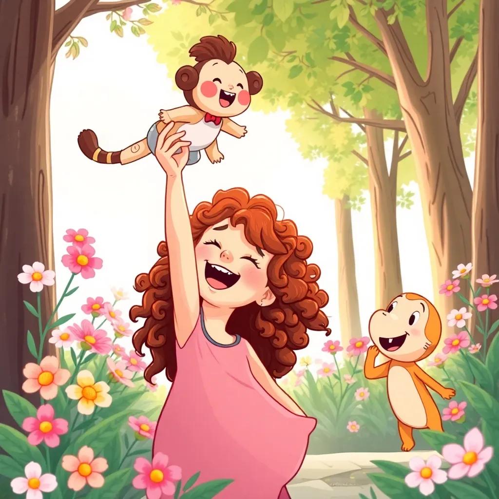 Isabella, a young girl with curly hair, laughing and tossing Dibu Martínez plush toy in the air, with her friend Bautista looking excited, surrounded by blooming flowers and tall trees, illustration, cheerful, vibrant colors, capturing action and joy, high quality