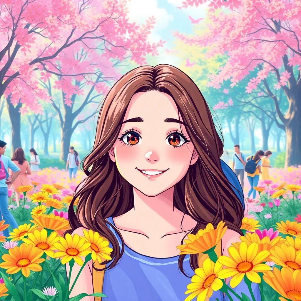 A beautiful girl, Isadora, with brown hair and bright eyes, smiling and surrounded by friends in a vibrant park filled with colorful flowers, cheerful atmosphere, digital art, bright colors, joyful scene, high quality