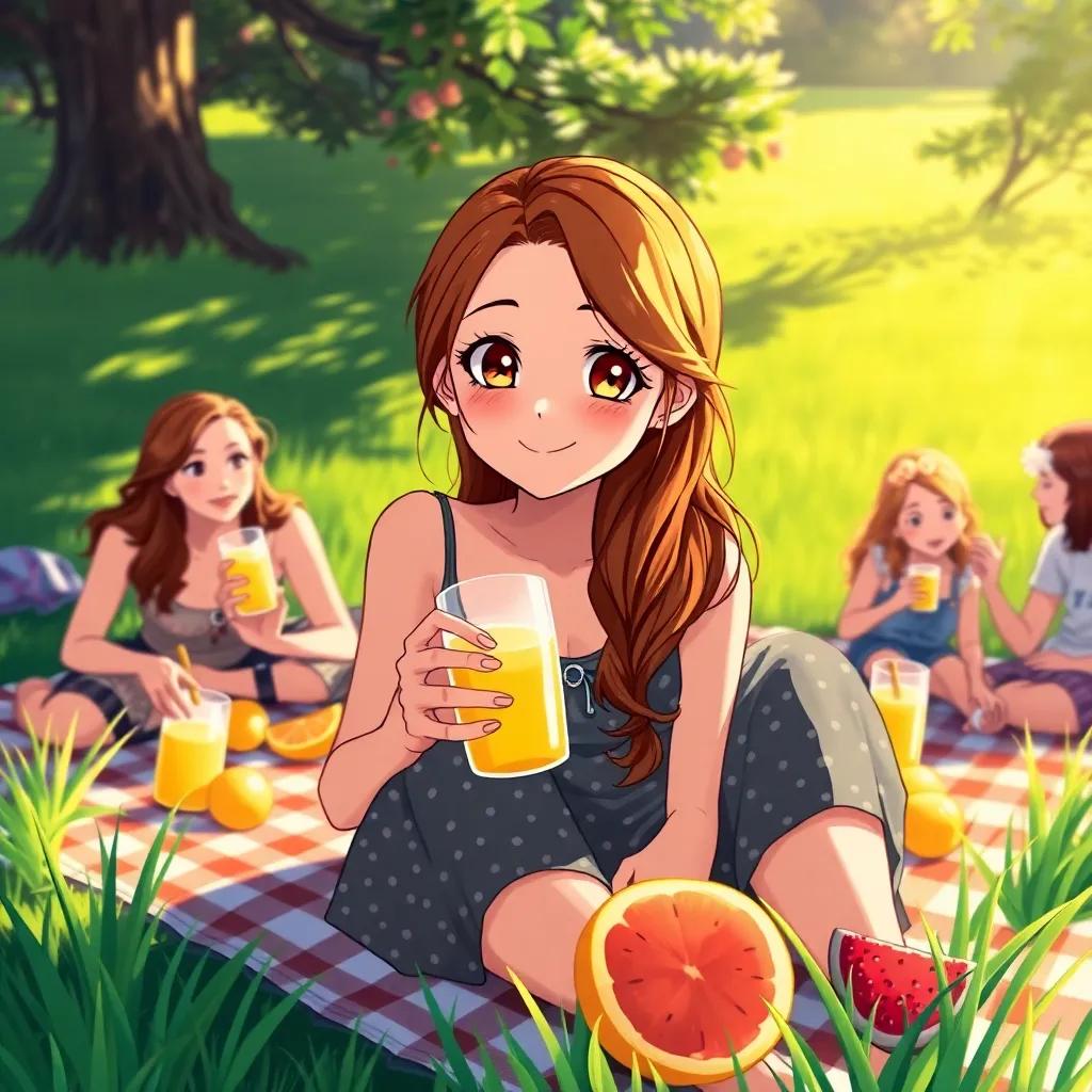 Isadora, a lovely girl with brown hair and sparkling eyes, sitting on a picnic blanket with friends, enjoying lemonade and fresh fruits, green grass around, picturesque day, illustration, warm sunlight, inviting ambiance, high quality