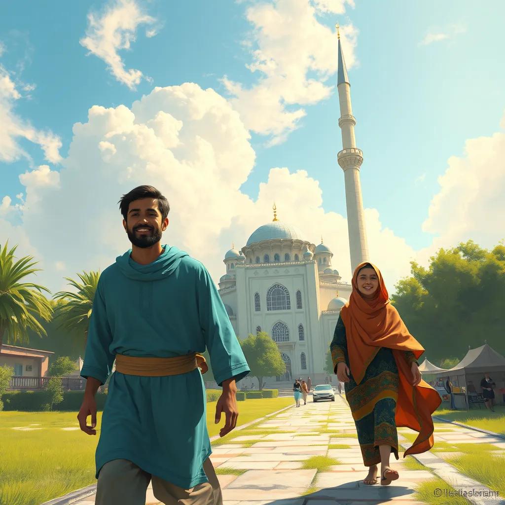 A bright sunny day with Ishmael and Sara walking towards a beautiful mosque with a tall minaret. They are smiling and excited, wearing colorful clothes.