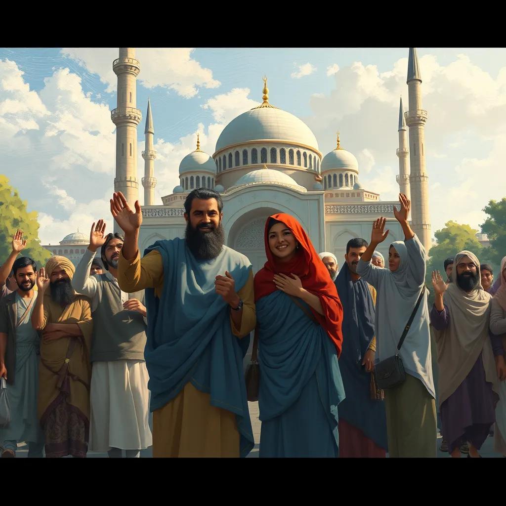 Ishmael and Sara with their friends outside the mosque. Everyone is cheerful, waving, and hugging with the mosque visible behind them.