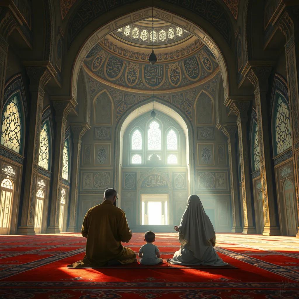 The interior of the mosque, featuring ornate calligraphy and a peaceful atmosphere. Ishmael and Sara are sitting on the carpet, ready to pray.