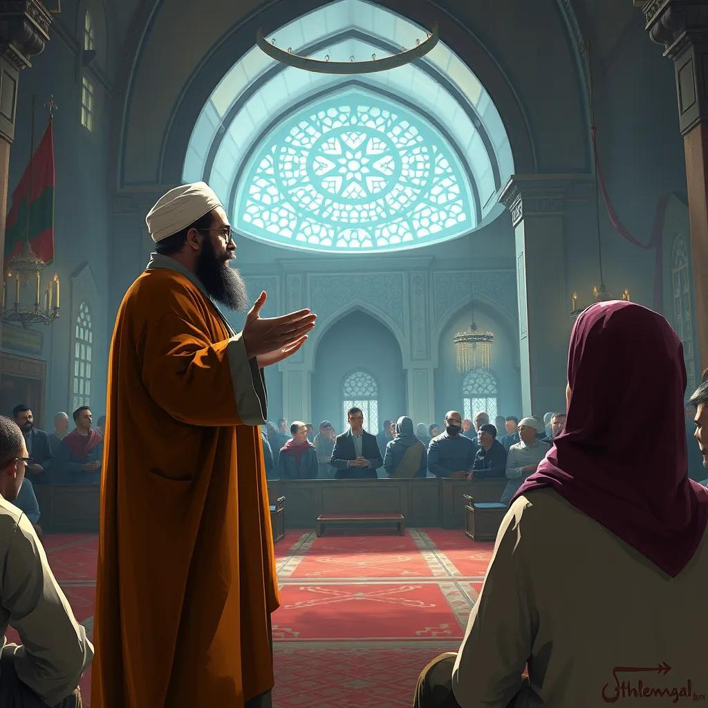 An imam standing in front of a gathering inside the mosque, telling a story with expressive hand gestures. Ishmael and Sara are listening attentively.