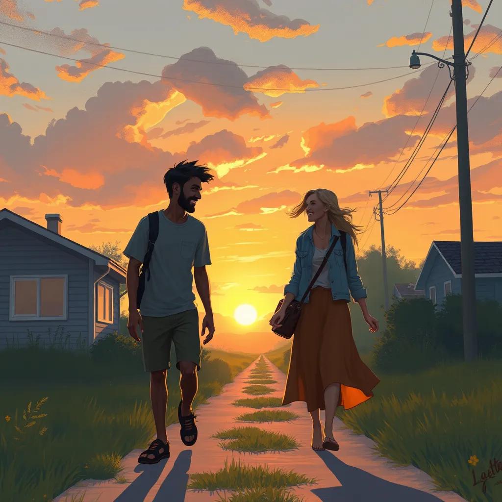 Ishmael and Sara walking home, talking and laughing together, with a sunset in the background and a sense of joy about their day.