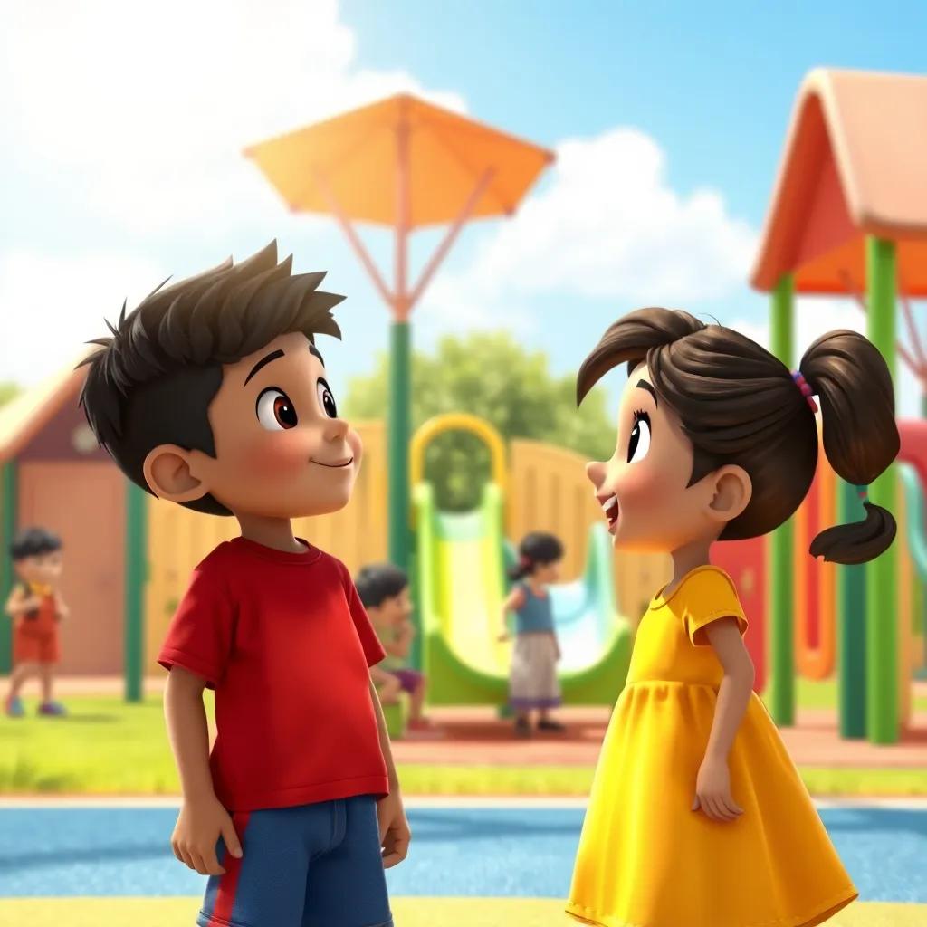 A sunny day at a colorful playground with children playing. Ishmael, a boy with black hair wearing a red t-shirt and blue shorts, and Zainab, a girl with brown hair in a ponytail wearing a yellow dress, excitedly looking at the playground equipment.