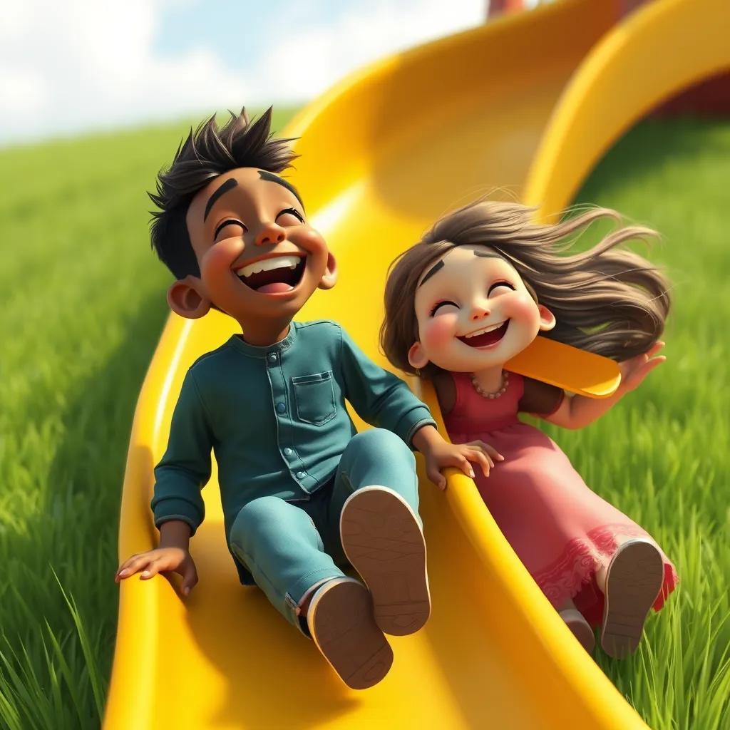 Ishmael laughing as he slides down the yellow slide, a look of pure joy on his face. Zainab is just about to go down, her hair flowing in the wind, with a green grass field around them.