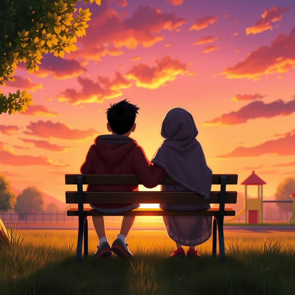 Ishmael and Zainab sitting on a bench, watching the sunset. The playground is still lively, and the sky is filled with hues of orange and purple, reflecting a calm and happy moment.