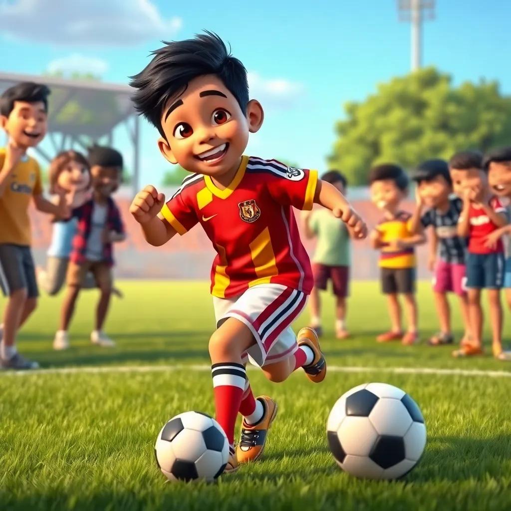A young Latin boy, Ismael, with short black hair wearing a colorful soccer jersey and shorts, happily dribbling a soccer ball on a grassy field with friends cheering around him, vibrant colors, cheerful atmosphere, high quality