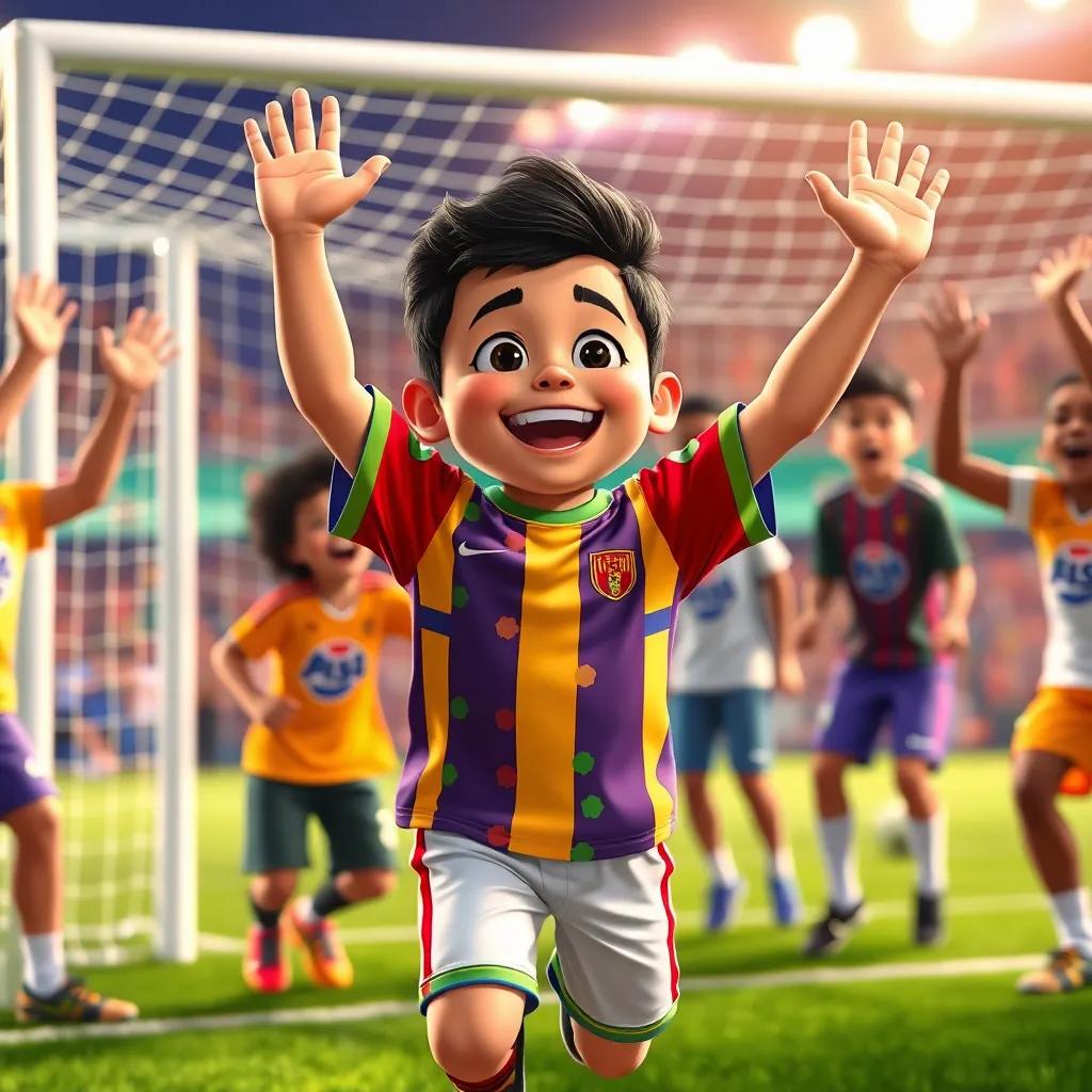 A young Latin boy, Ismael, celebrating with his friends after scoring a goal, wearing a colorful soccer jersey, jumping in joy with arms raised, surrounded by a soccer goal and cheering friends, bright colors, joyful scene, high quality