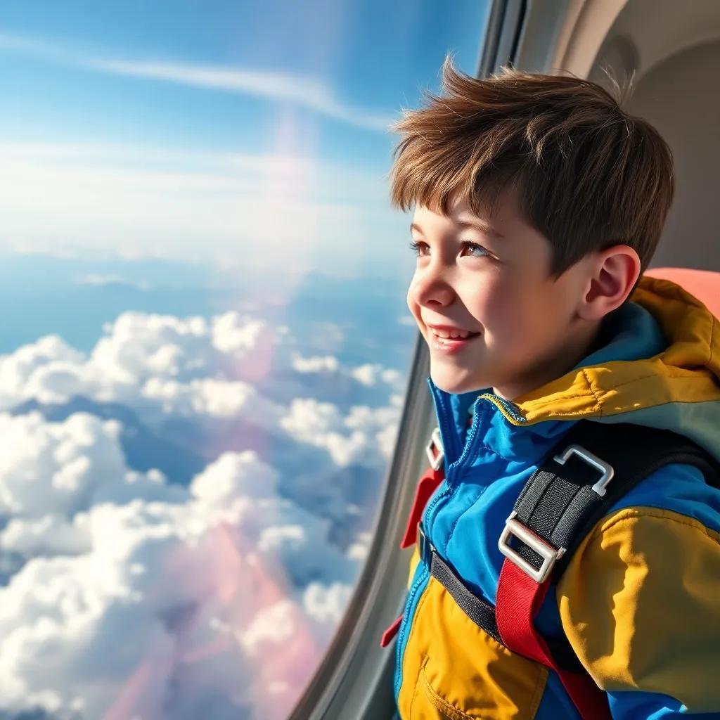 A young boy named Jacek, with short brown hair, wearing a bright blue jacket and climbing gear, excitedly looking out from an airplane window at fluffy clouds and distant mountains, digital art, cheerful atmosphere, vibrant colors, high angle