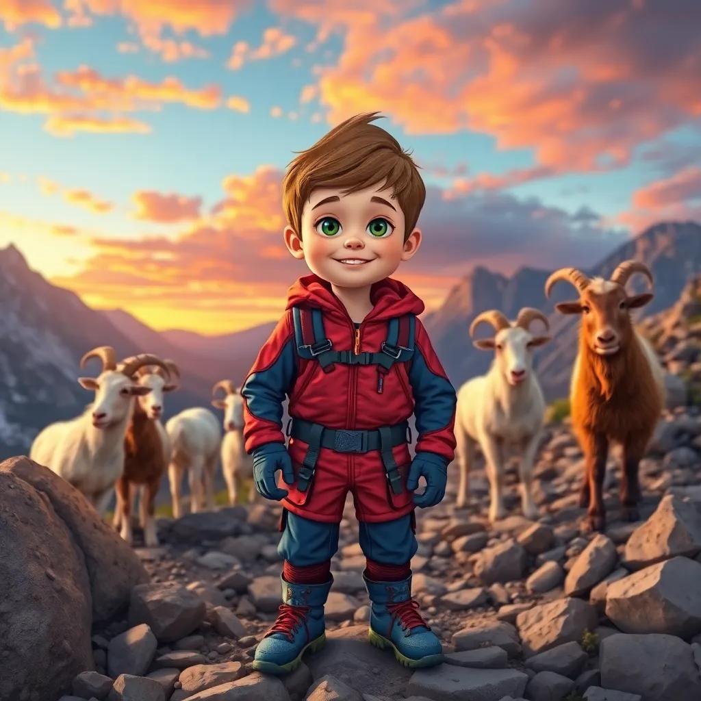 Jacek, a young boy with short brown hair, in bright red and blue climbing gear, standing confidently on a rocky mountain path, surrounded by friendly mountain goats, under a colorful sunset sky, illustration, warm tones, adventurous mood, high quality