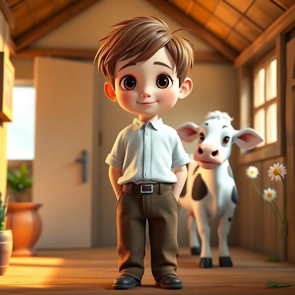 A young boy, Jack, with short brown hair wearing a simple white shirt and brown trousers, standing in a small cozy house with Daisy the cow, warm light, colorful, inviting atmosphere, high quality