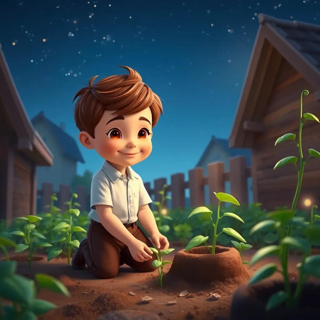 Jack, a young boy with short brown hair wearing a white shirt and brown trousers, planting magic beans in a small garden, night sky with stars above, soft glow, peaceful, whimsical, high quality