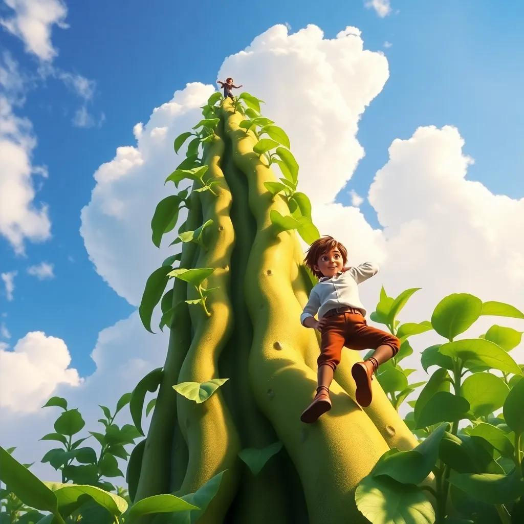A gigantic beanstalk reaching up into the sky with fluffy clouds, Jack with short brown hair, wearing a white shirt and brown trousers, climbing it with excitement, bright colors, adventurous, high quality