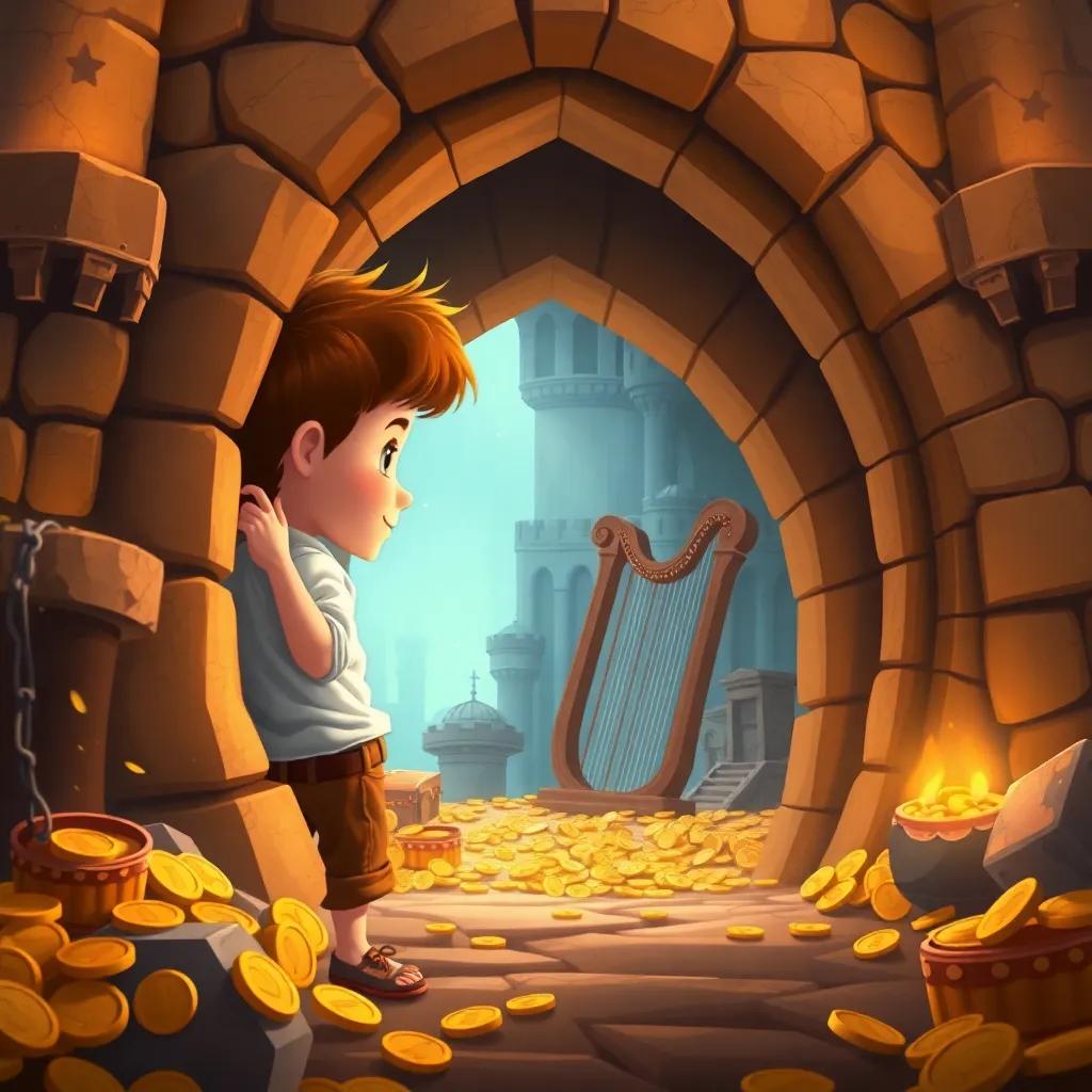 Jack, a young boy with short brown hair in a white shirt and brown trousers, peeking into a giant castle filled with treasures, golden coins and a magical harp inside, warm colors, enchanting, high quality