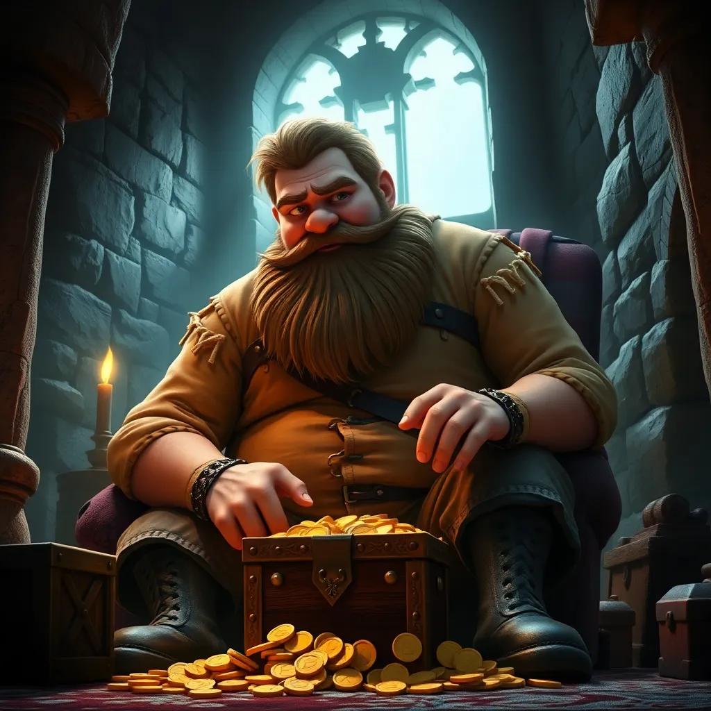 The giant, a big, bearded man wearing a tattered shirt and trousers, sitting in his castle counting gold coins, Jack hiding behind a treasure chest, dramatic lighting, suspenseful, high quality