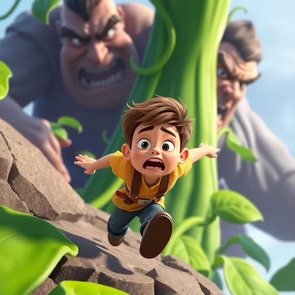 Jack, a young boy with short brown hair, running down a giant beanstalk, panic on his face, the giant in the background looking angry, bright colors, action-packed, high quality