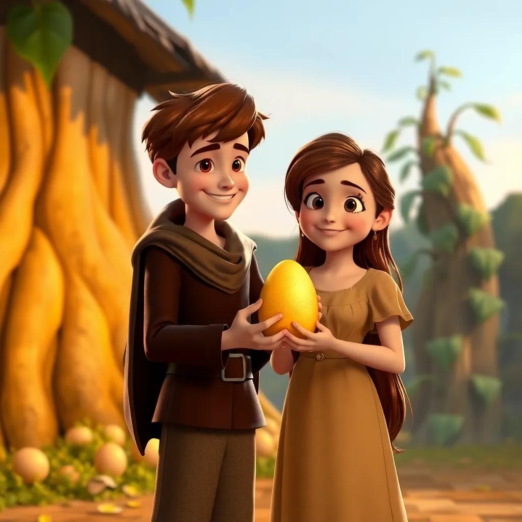 Jack and his mother, a woman with long brown hair wearing a simple dress, standing together as Jack holds a golden egg, a fallen beanstalk behind them, warm light, joyful reunion, high quality