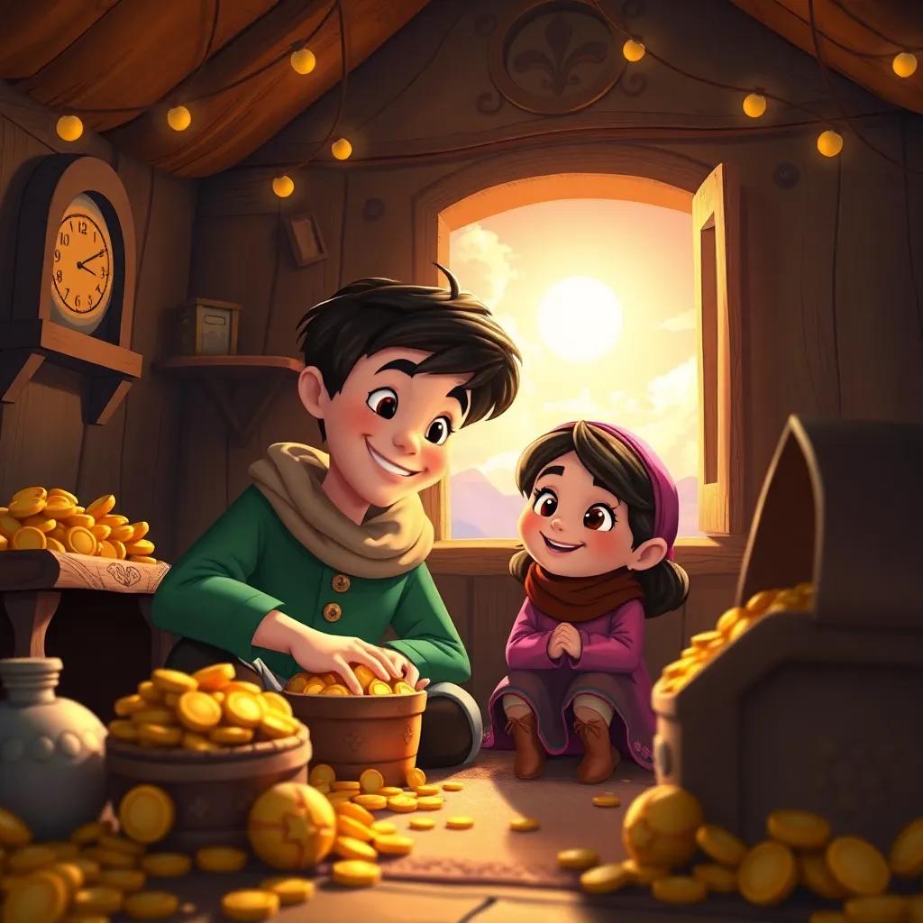 Jack and his mother in their cozy house, surrounded by treasures and golden coins, with a beautiful sky outside, both smiling, warm light, heartwarming atmosphere, high quality