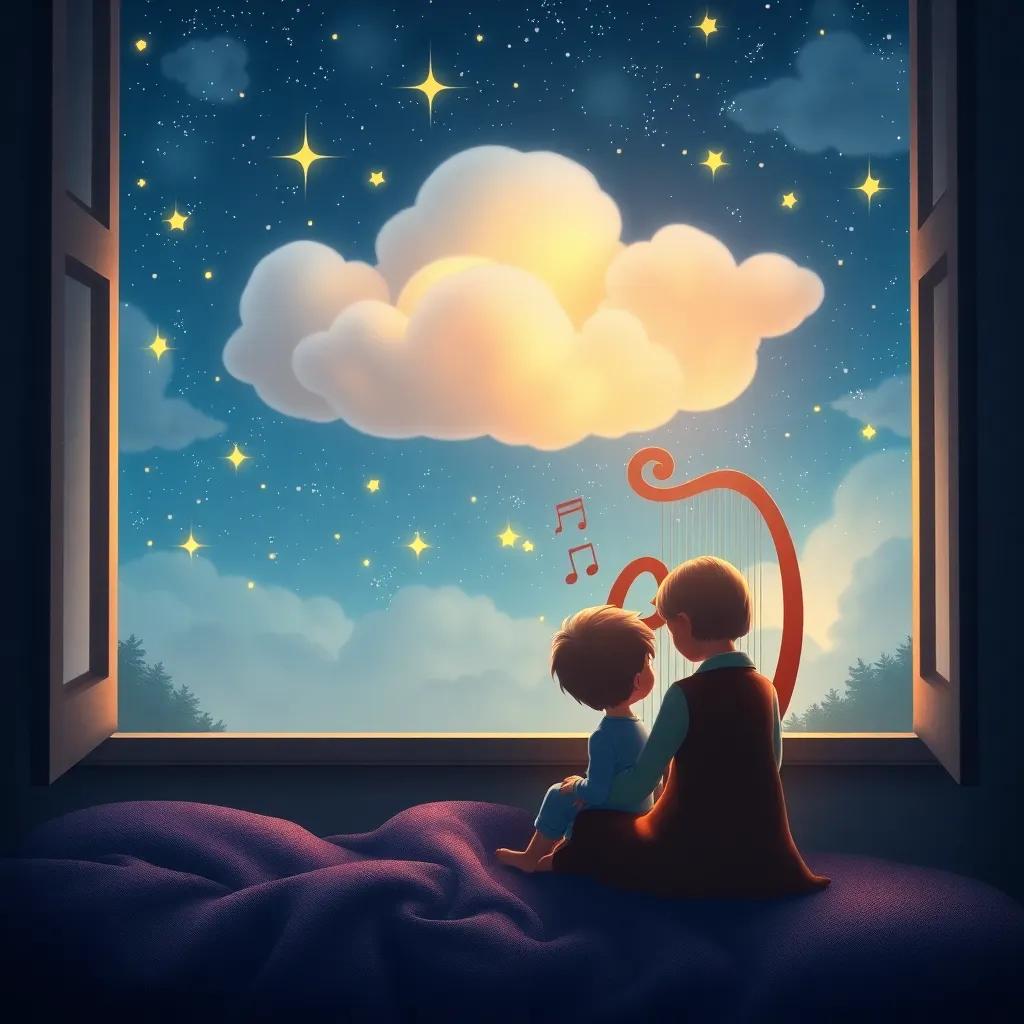 An enchanting night sky with stars, softly glowing as Jack and his mother sit by the window, listening to the magical harp singing sweet songs from the clouds, serene and whimsical, high quality