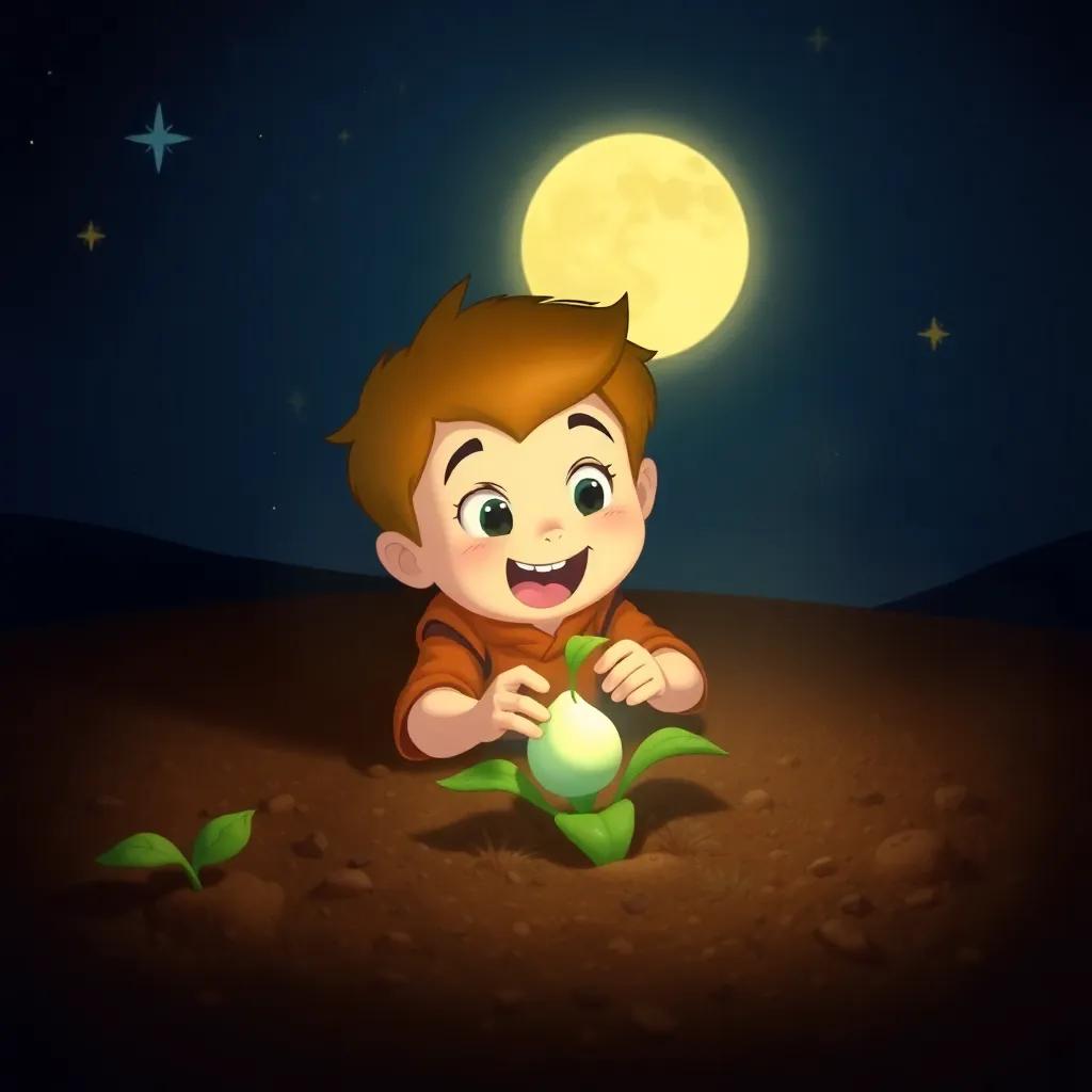 Jack planting a magical bean in the dark, rich soil, with twinkling stars and a glowing moon in the background, excitement in his eyes, magical atmosphere, whimsical style, colorful