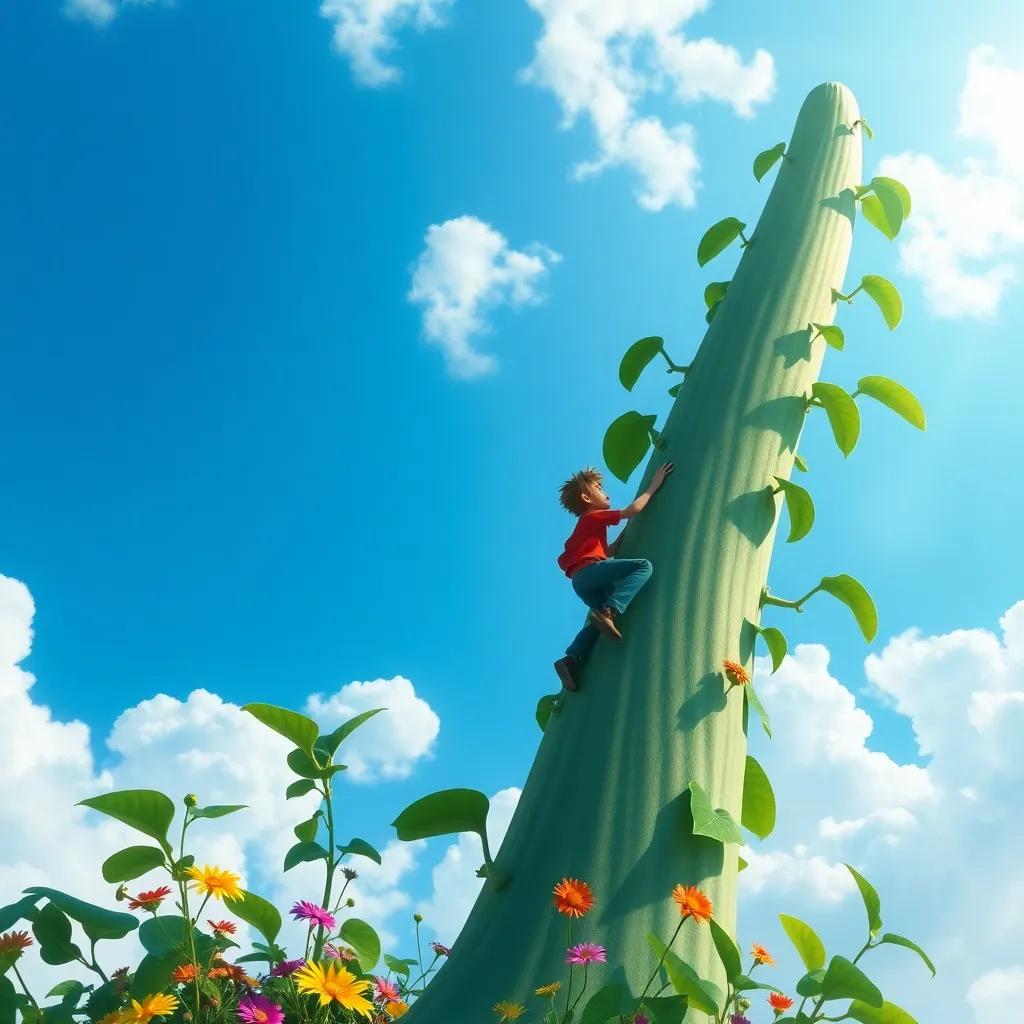 A giant beanstalk shooting up into a bright blue sky filled with fluffy white clouds, Jack climbing the beanstalk with a determined look, colorful flowers around the base, fantasy art, lively